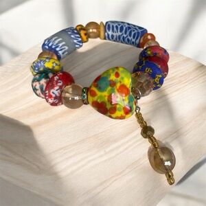 Multicolored Ghanaian Beaded Bracelet with Heart Charm
